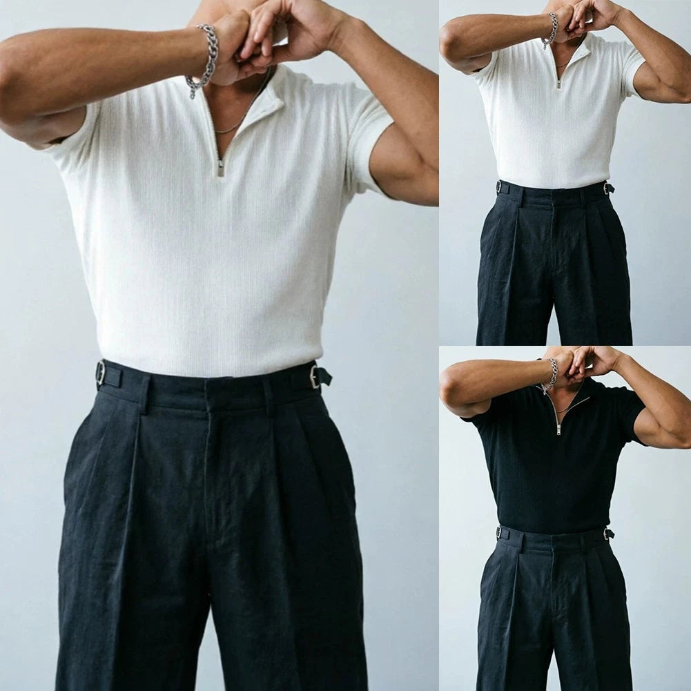 Men's Polyester Spandex Stretch T-Shirt Short Sleeve Zip V-Neck Fitness Wear