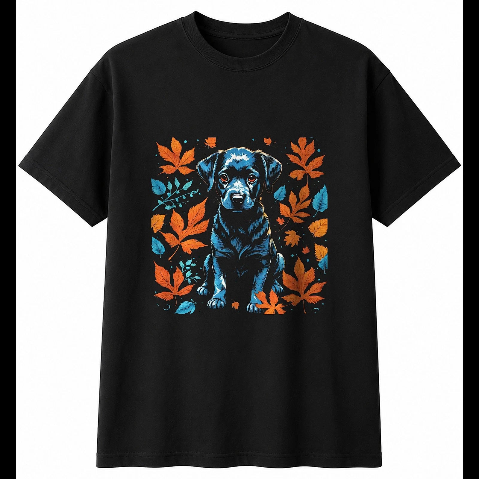 Botanical Puppy Glowing Dog Cute Mens T-Shirt Black 100% Cotton Kawaii Birthday