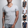 Men V-neck T-shirt Regular Length Summer Solid Color Tight Fit Plus Size