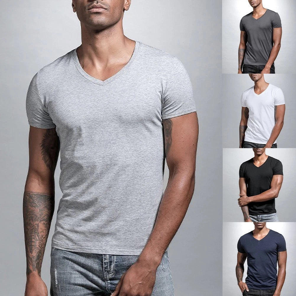 Men V-neck T-shirt Regular Length Summer Solid Color Tight Fit Plus Size