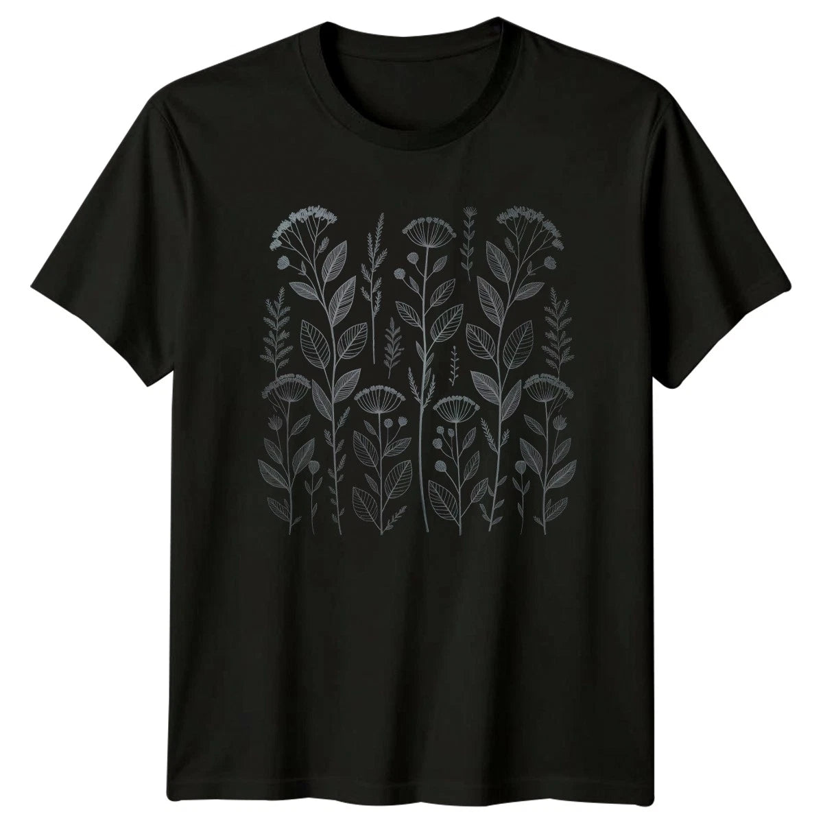 Elegant Grey Botanical Pattern T-Shirt Scandinavian Folk Art Nature Floral