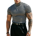 Men Stripe Turtleneck Short Sleeve Slim Fit Polyester Spandex Training Tee