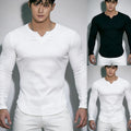 V Neck Long Sleeve Workout Tee Top for Men Stretch Polyester Spandex Base Shirt