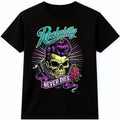 Rockabilly Never Dies Skull Pompadour Rose Vintage Retro Graphic T-Shirt.