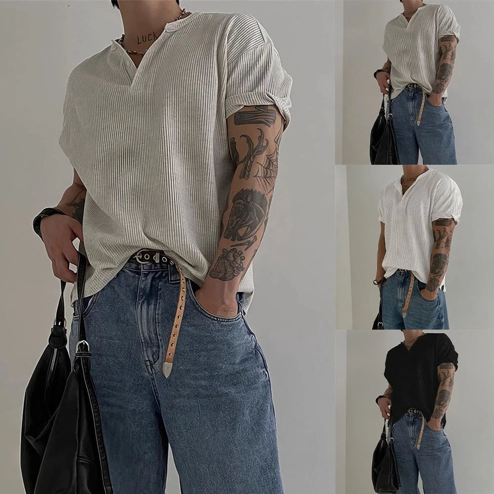 Men's V Neck Short Sleeve Loose Fit Waffle Texture Top for Fitness and Sports
