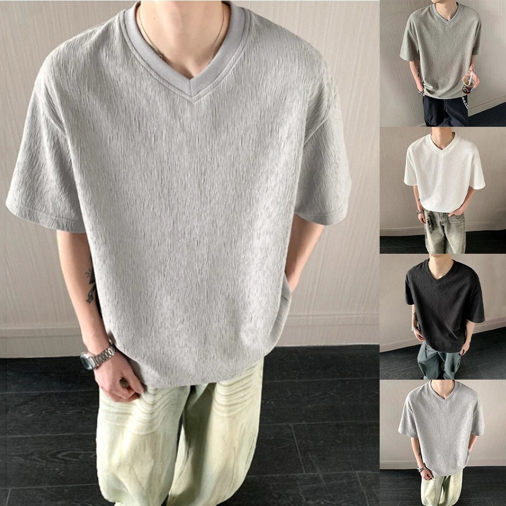 Textured Solid Color T-Shirt for Men V-Neck Loose Fit Short Sleeve Casual