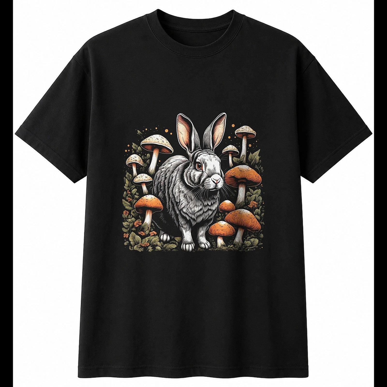 Lop Rabbit with Mushrooms Cute Mens T-Shirt Black 100% Cotton Kawaii Unisex