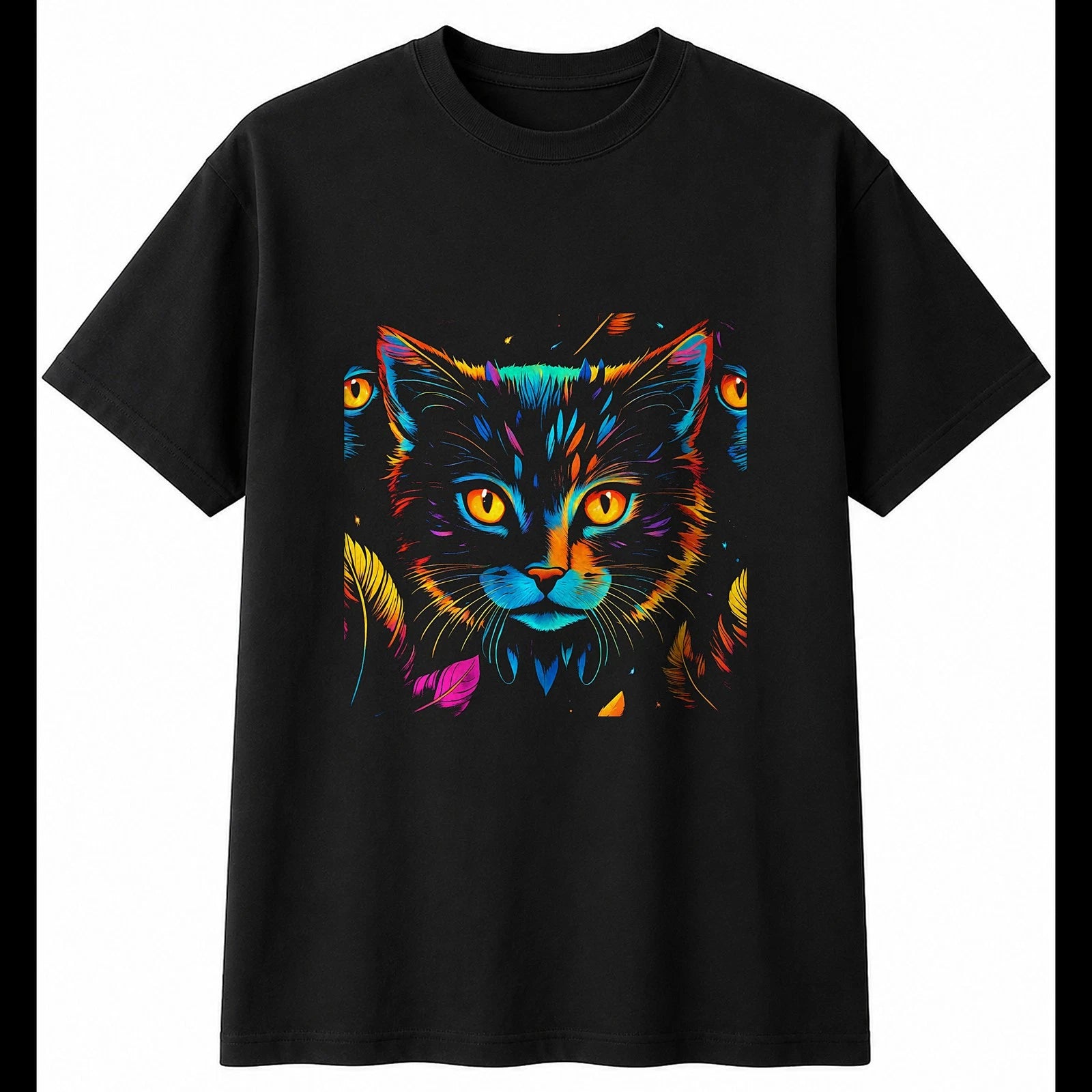 Colourful Kitten with Feathers Cat Cute Mens T-Shirt Black 100% Cotton Kawaii