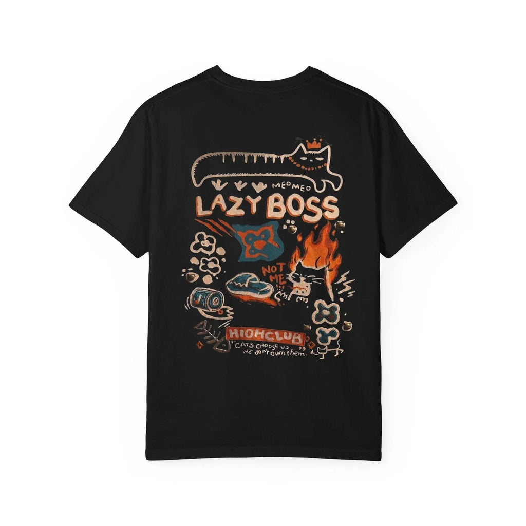 Lazy Boss graphic T-Shirt | Cat doodle, flames, retro collage