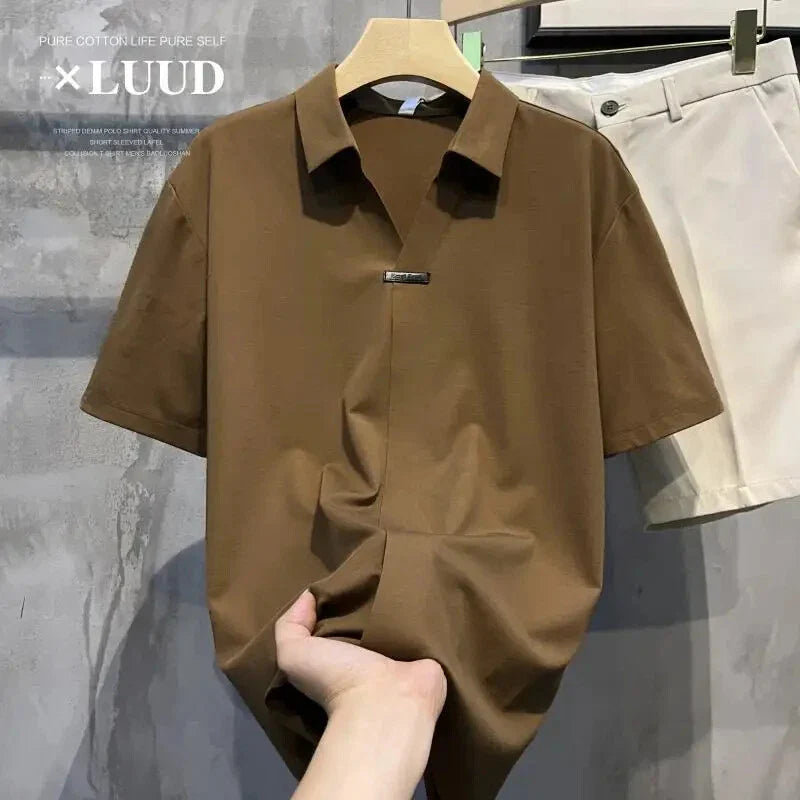 Men Light Luxury Solid Comfortable Short-sleeve Shirt Summer Loose V-neck Shirt