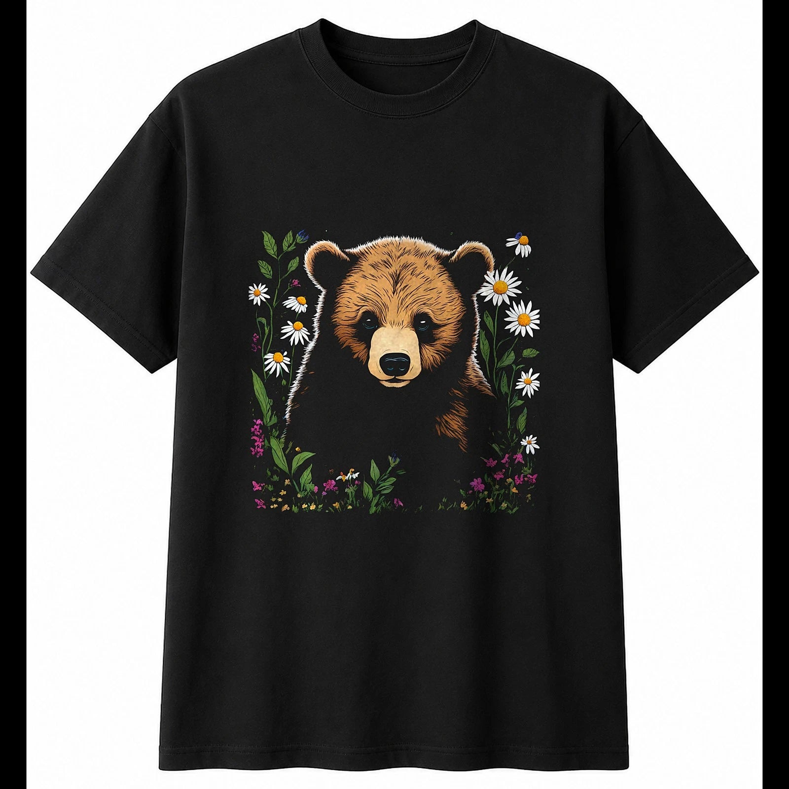 Botanical Bear Cub with Flowers Cute Mens T-Shirt Black 100% Cotton Kawaii