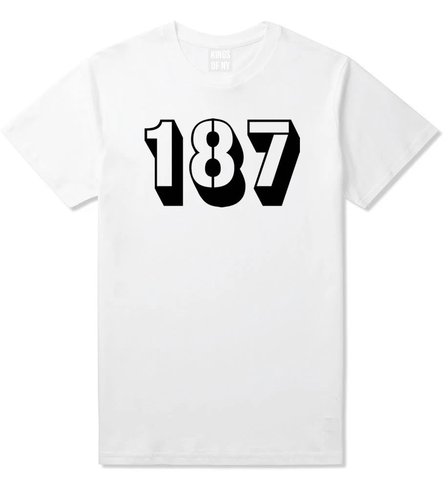 Kings of NY 187 Streetwear Bold Font Text Graphic Tee Short Sleeve T-Shirt White