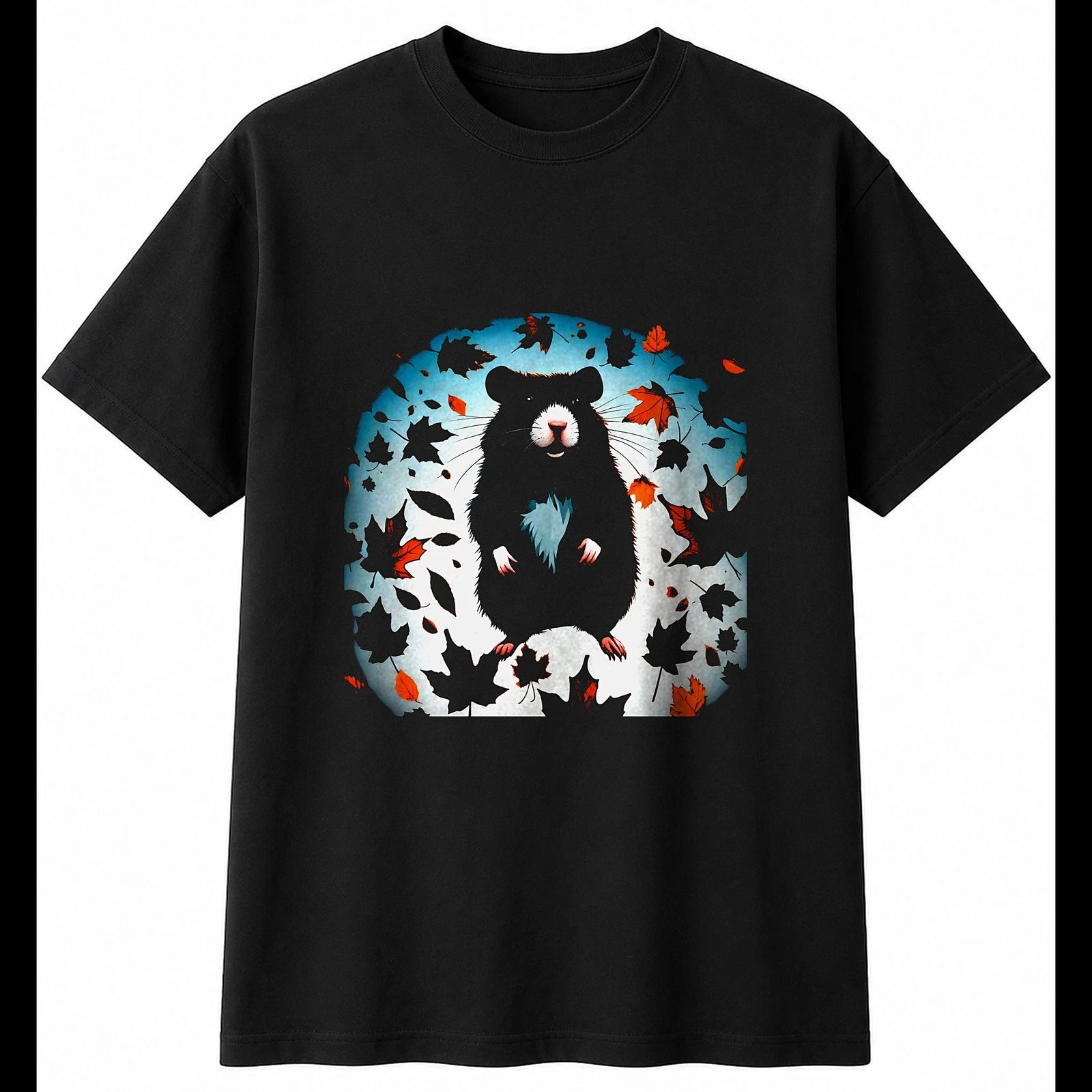 Double Exposure Hamster in Autumn Cute Mens T-Shirt Black 100% Cotton Kawaii