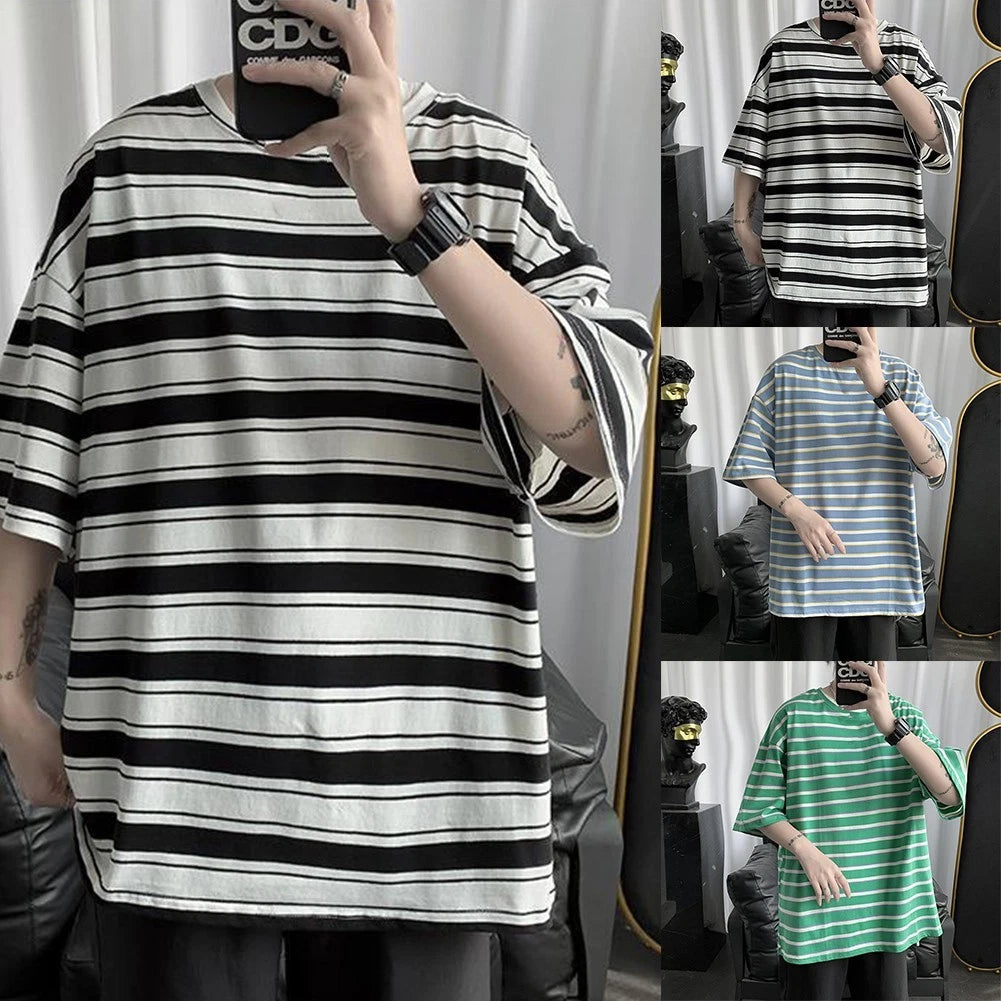 Trendy Men's Loose Fit Pullover Tee with Stripes and Classic Crew Neck Style
