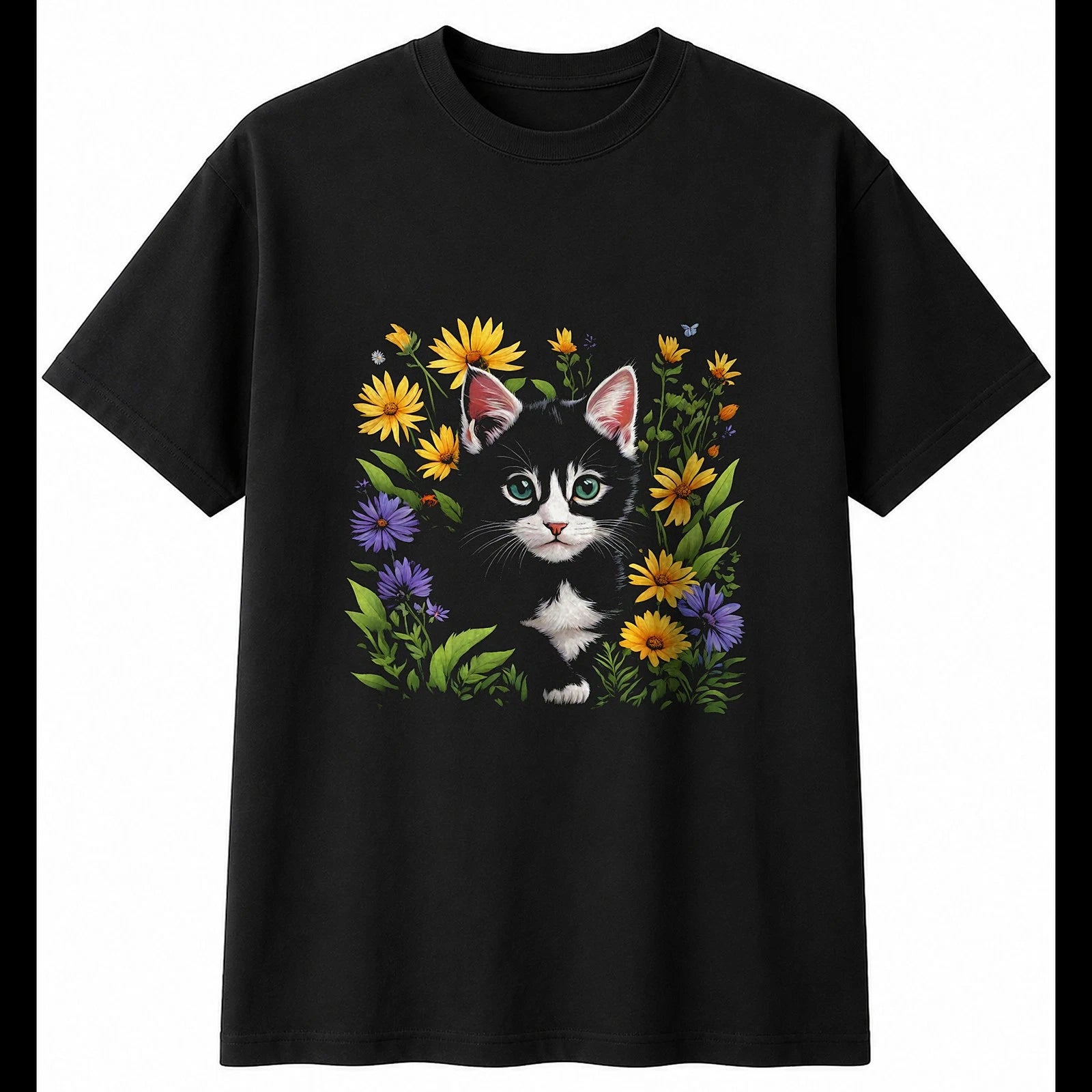 Kitten Botanical Cat Cute Mens T-Shirt Black 100% Cotton Adorable Novelty Kawaii