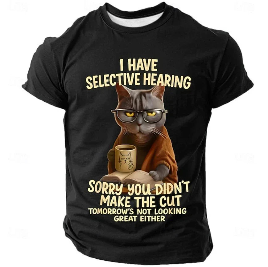 Mens Graphic T-Shirt: Funny Sarcastic Cat 'Selective Hearing' Quote Short Sleeve