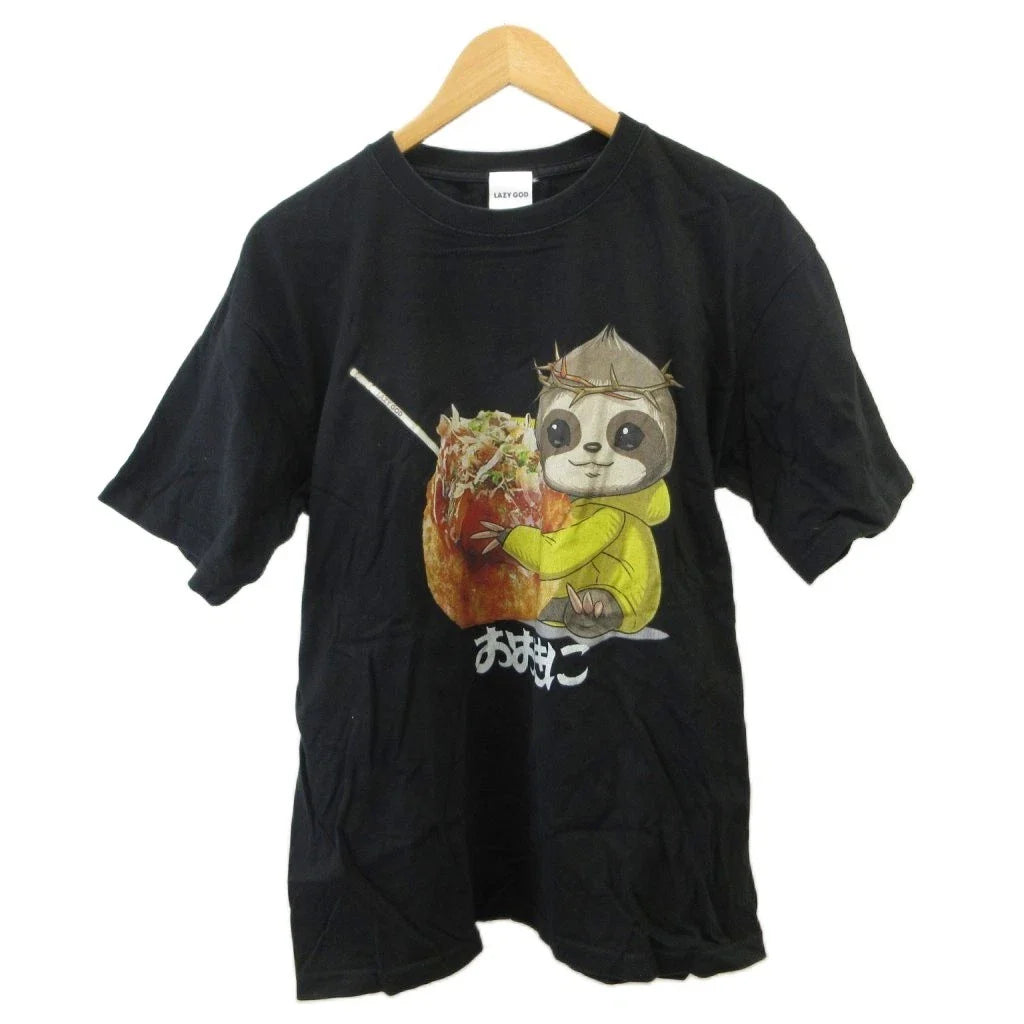 LAZY GOD Black Cotton T-Shirt Short Sleeve Crew Neck Print Men’s Used AB Size Fr