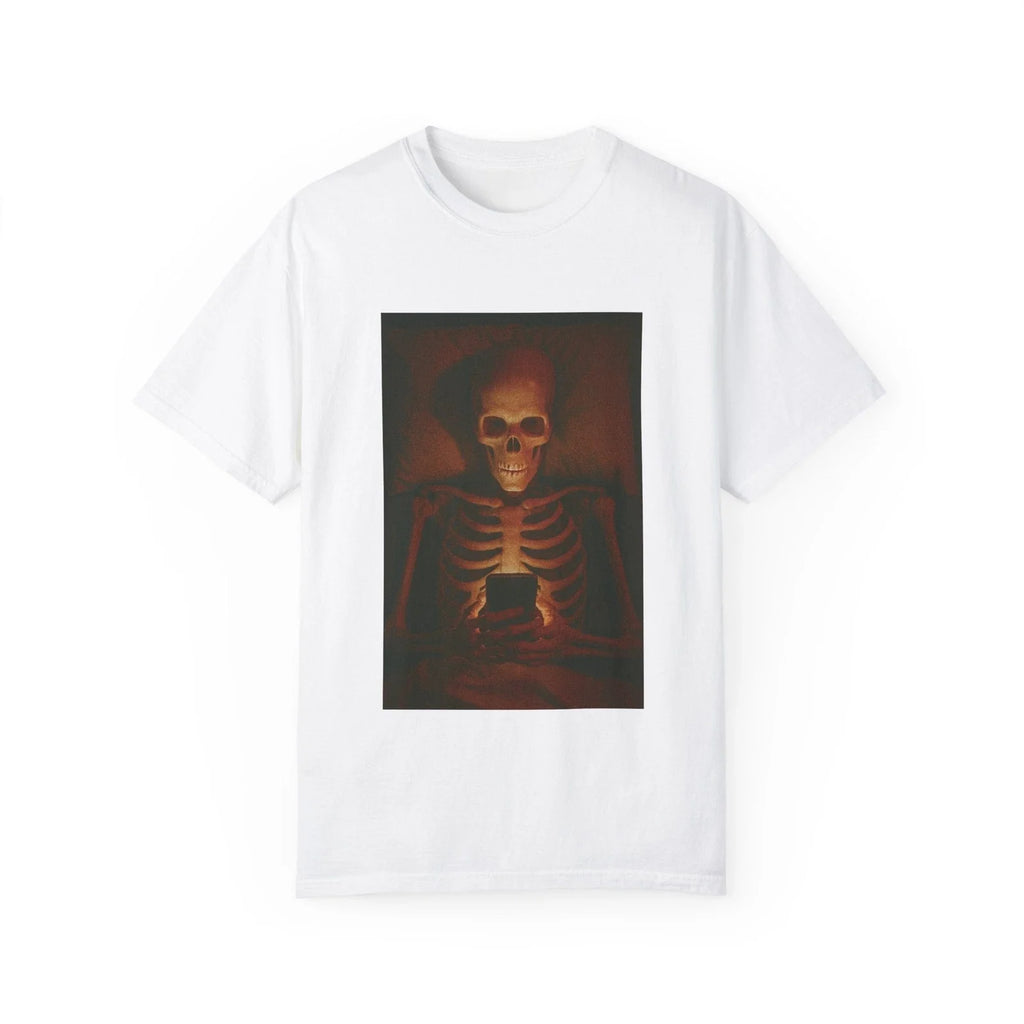 Skeleton on Phone T-Shirt Funny Dark Humor Graphic Tee Addicted to Social Media