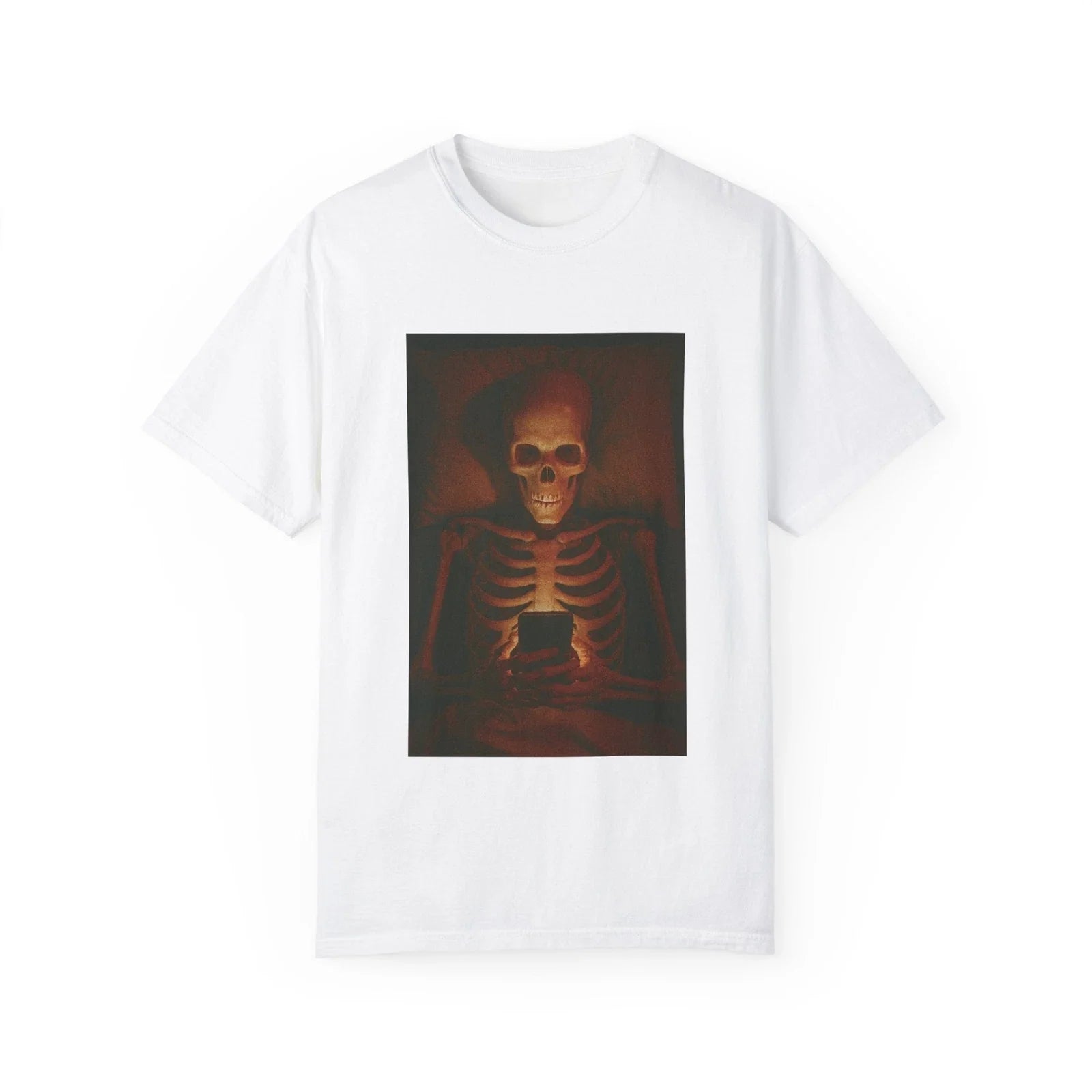 Skeleton on Phone T-Shirt Funny Dark Humor Graphic Tee Addicted to Social Media