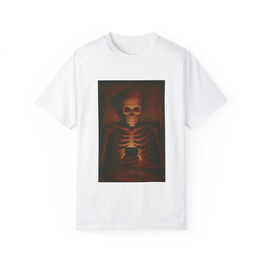 Skeleton on Phone T-Shirt Funny Dark Humor Graphic Tee Addicted to Social Media