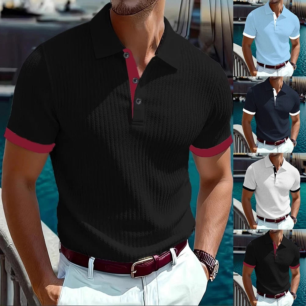 Men Stripe Turn Down Collar Slim Fit Short Sleeve T Shirt Casual Summer Wear