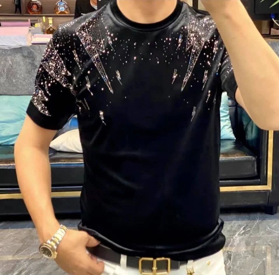 New Men Luxury Velvet Diamond Rhinestones Fashion Black T-Shirt High Quality