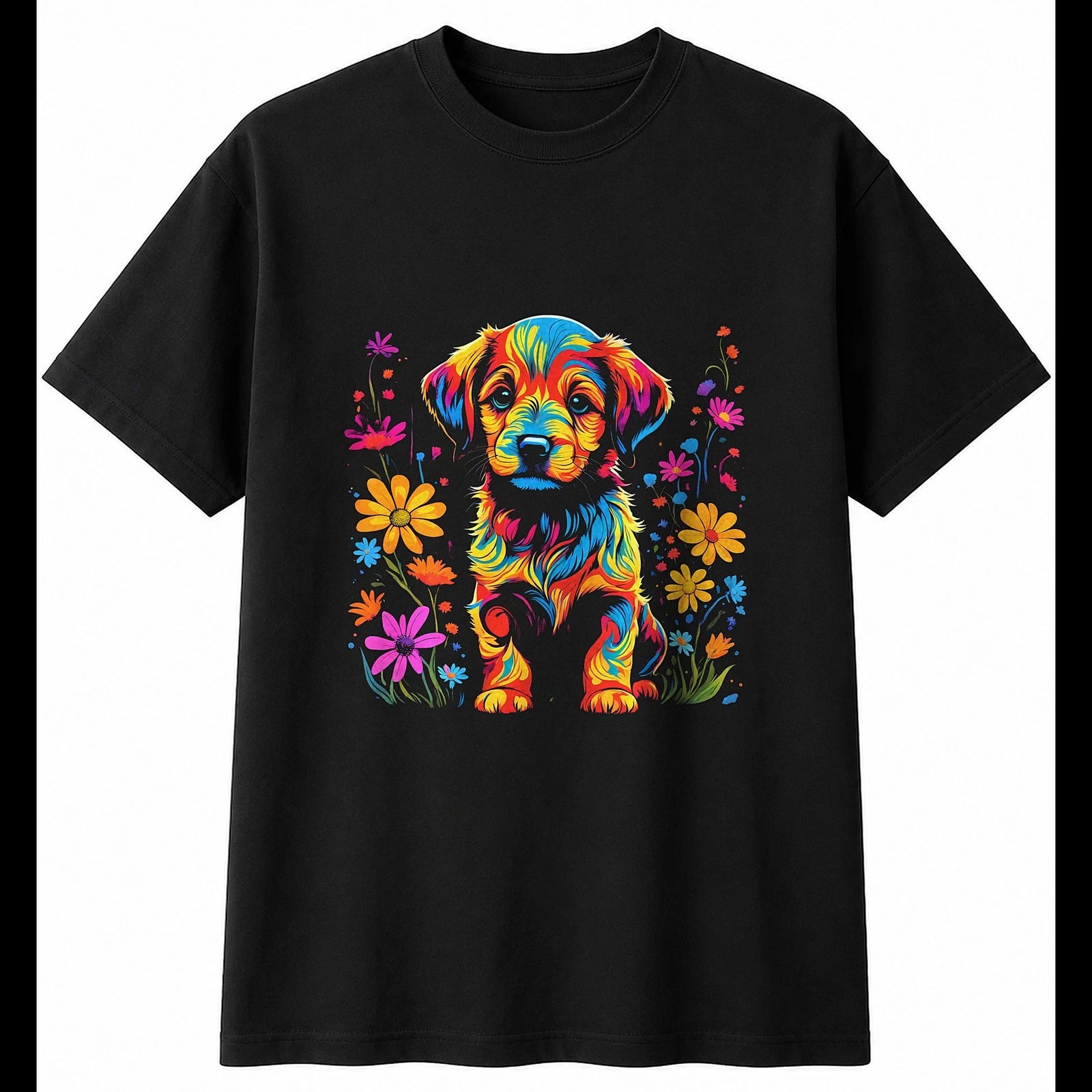 Psychedelic Puppy with Flowers Dog Cute Mens T-Shirt Black 100% Cotton Kawaii