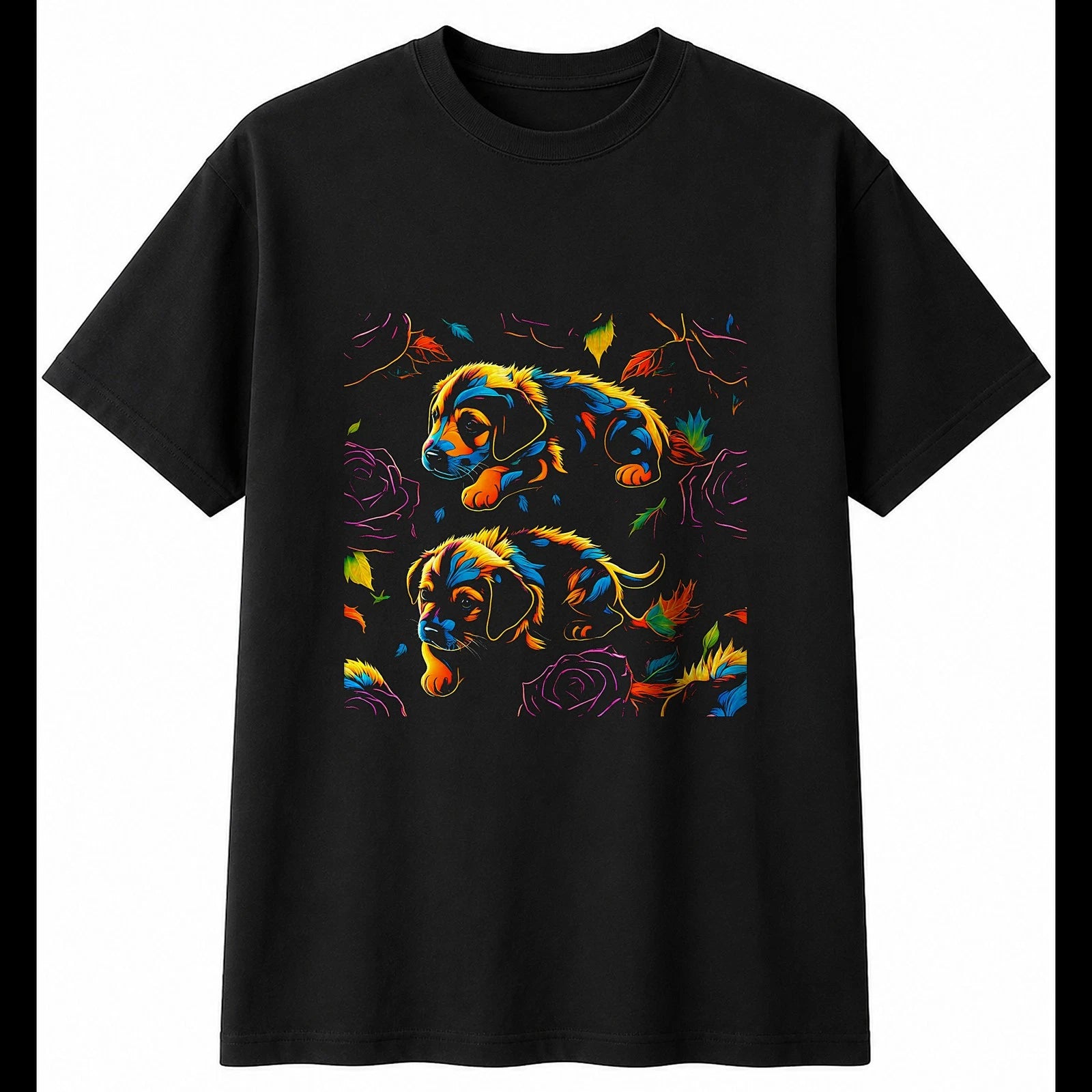 Neon Puppy with Roses Dog Cute Mens T-Shirt Black 100% Cotton Adorable Printed