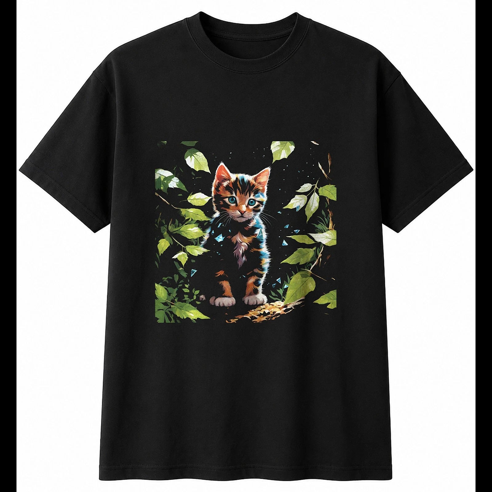 Botanical Kitten Shattered Cat Cute Mens T-Shirt Black 100% Cotton Kawaii