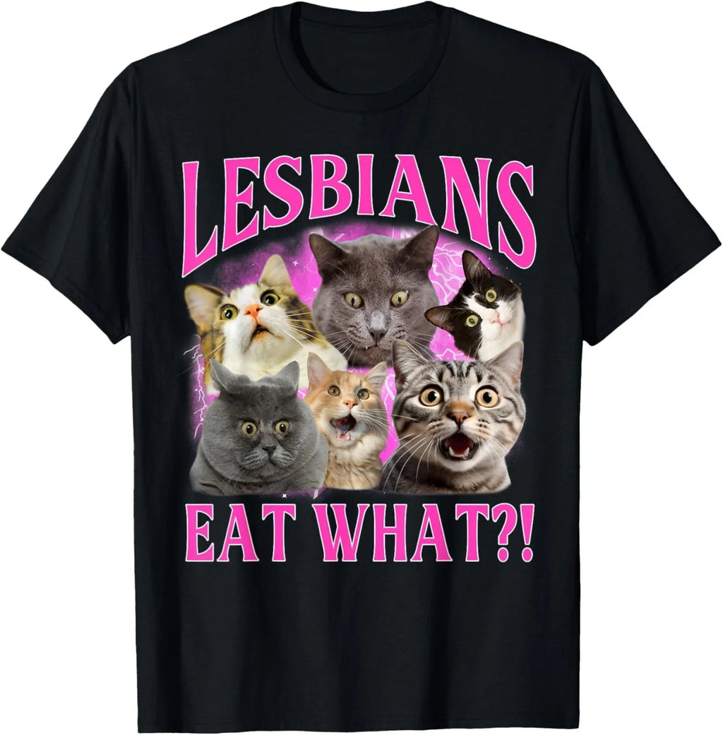 Lesbians Eat What?! Funny Cat Gay Pride LGBTQ Pun T-Shirt unisex T-Shirt
