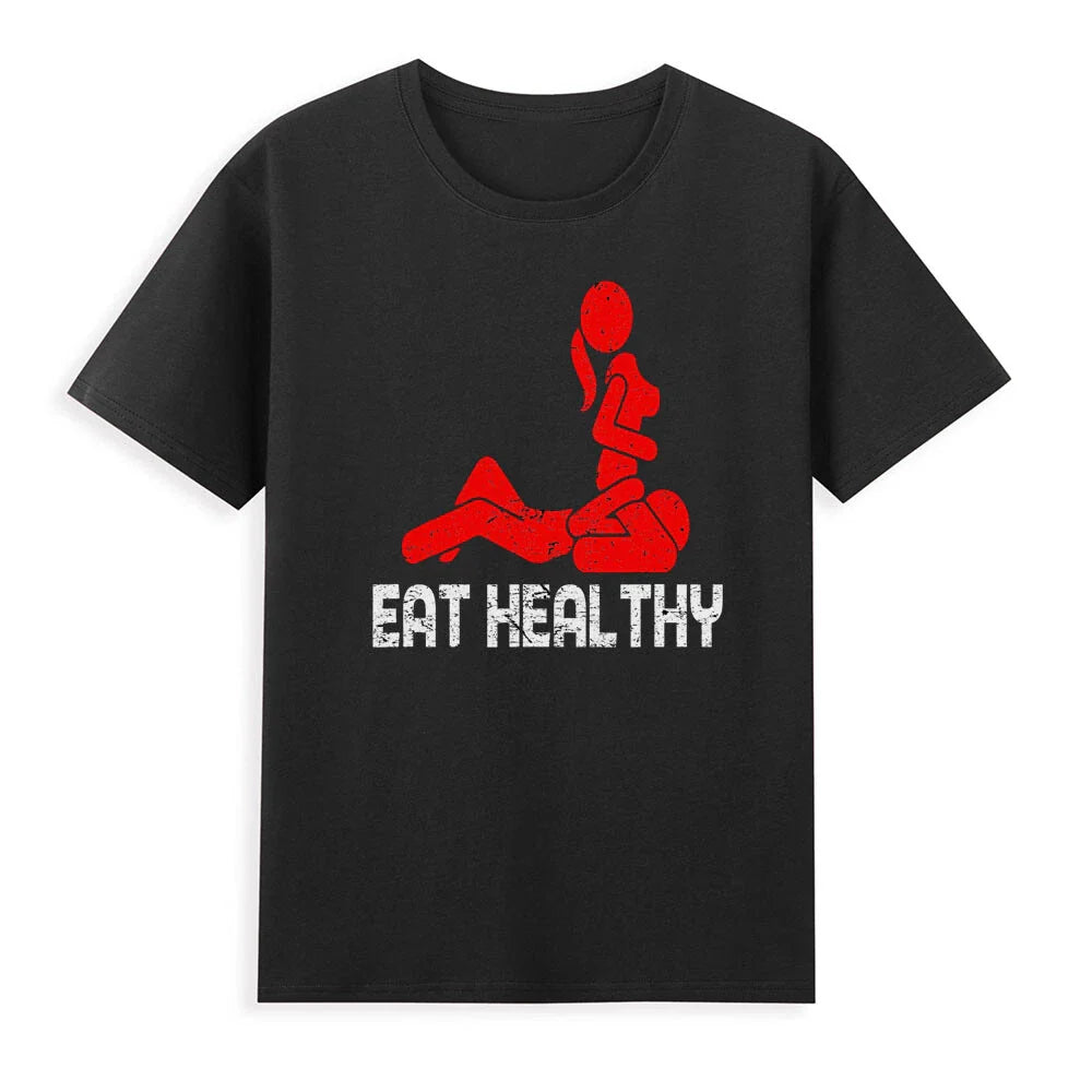 Eat Healthy Adults Rude Sexy Funny Meme T-Shirt Vintage Men's Short Sleeve Tee
