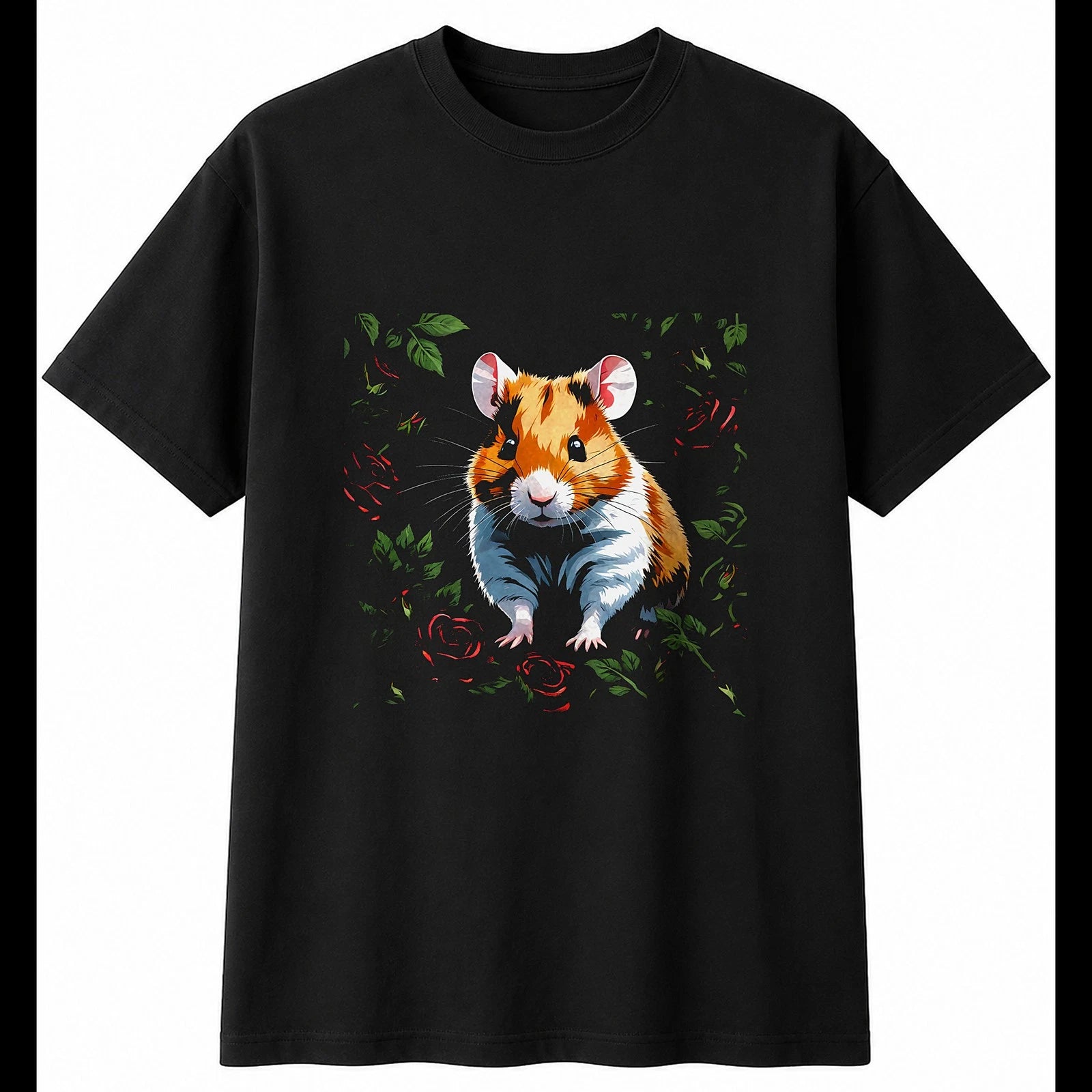 Botanical Hamster with Roses Cute Mens T-Shirt Black 100% Cotton Tee Kawaii
