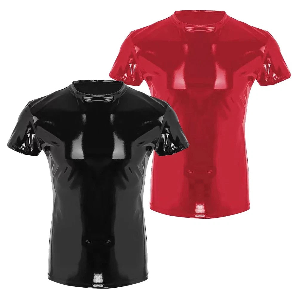 Shiny and Stylish Men's Faux Leather Clubwear T Shirt in Short Sleeve Style