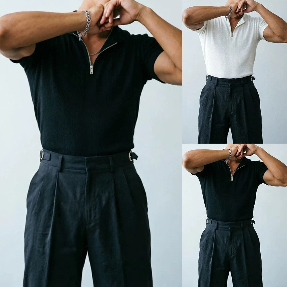 Zip V-Neck Short Sleeve T-Shirt for Men Stretch Fabric Fitness Training Sports