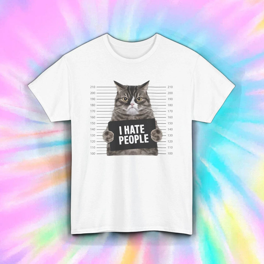 I Hate People Shirt Angry Cat Mugshot Funny Introvert Humor Graphic Tee S-5XL