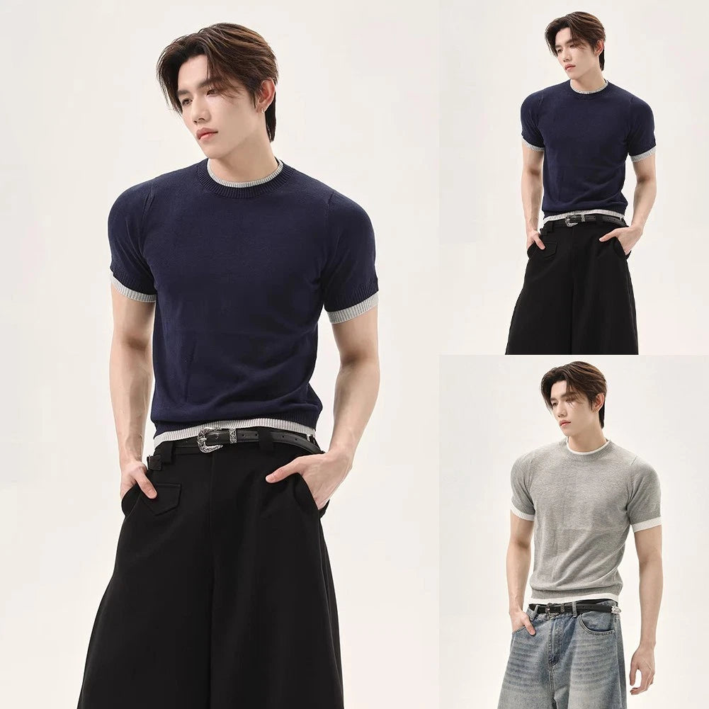Splicing Pullover Men Knit T-shirt Casual Wear Daily Wear Splicing Pullover