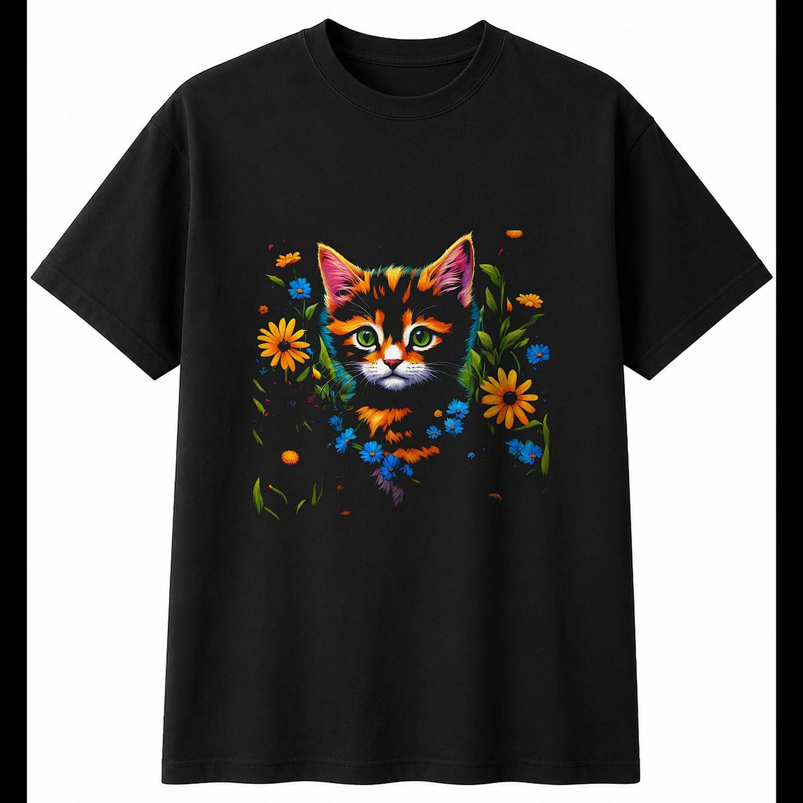 Kitten with Flowers Cat Mens T-Shirt Black 100% Cotton Kawaii Unisex Cute Animal