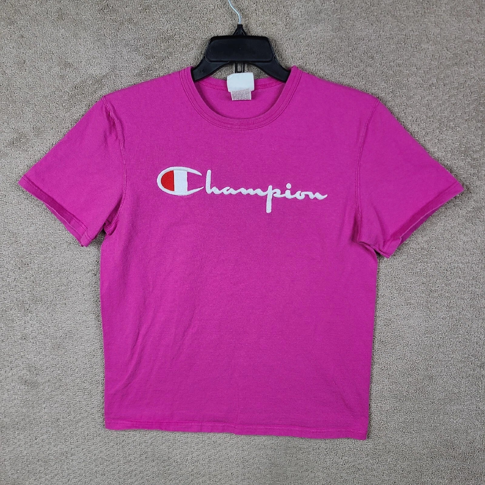 Champion Shirt Mens Medium Pink Crew Neck Short Sleeve Tee Embroidered Cotton