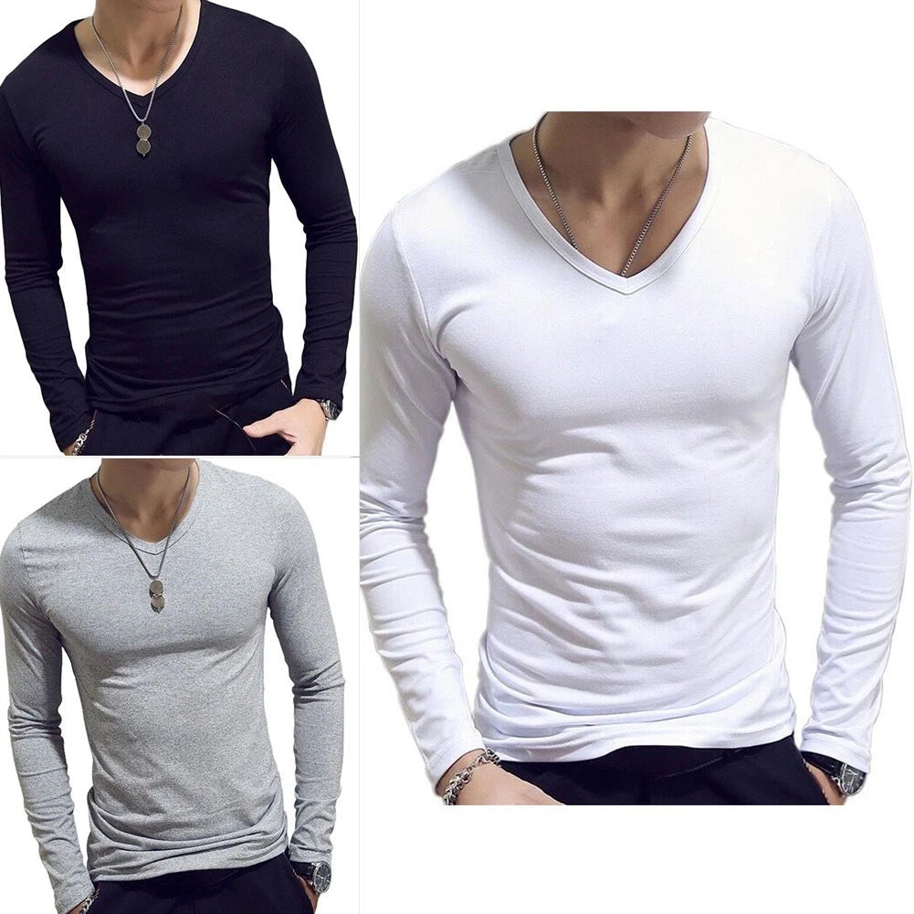 Long Sleeve Solid Color T Shirt for Men V Neck Casual Top Size L to 3XL