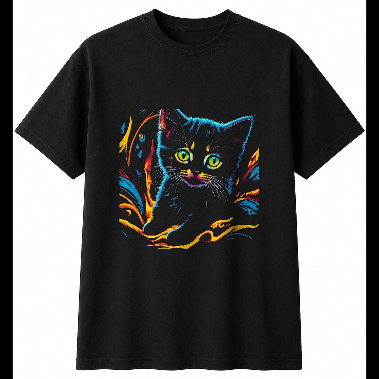 Neon Kitten Portrait Cat Cute Mens T-Shirt Black 100% Cotton Adorable Xmas