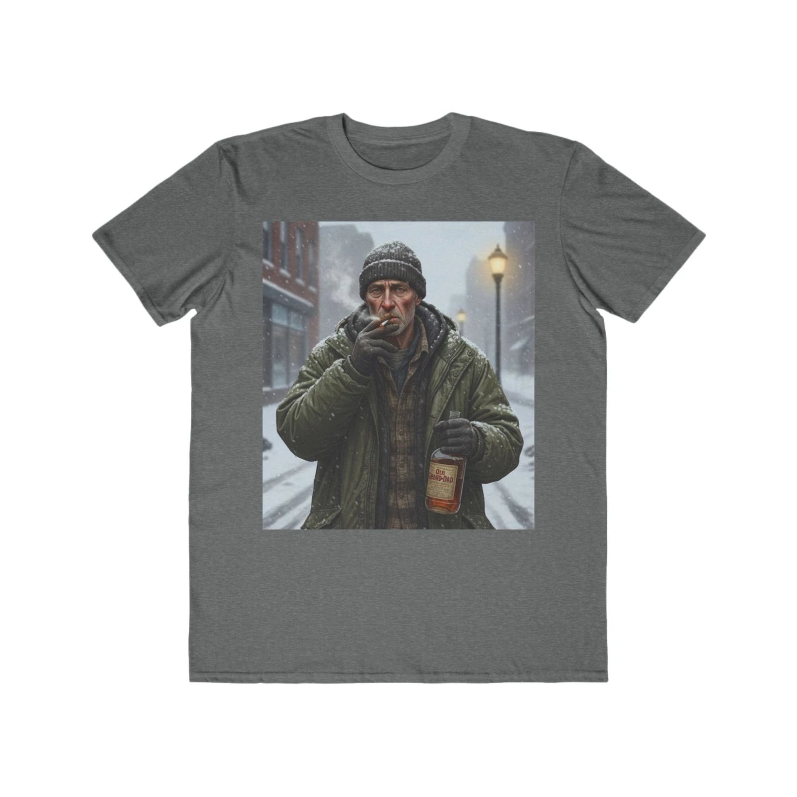 Homeless Man Smoking in Snow Tee | Urban Night Street Scene