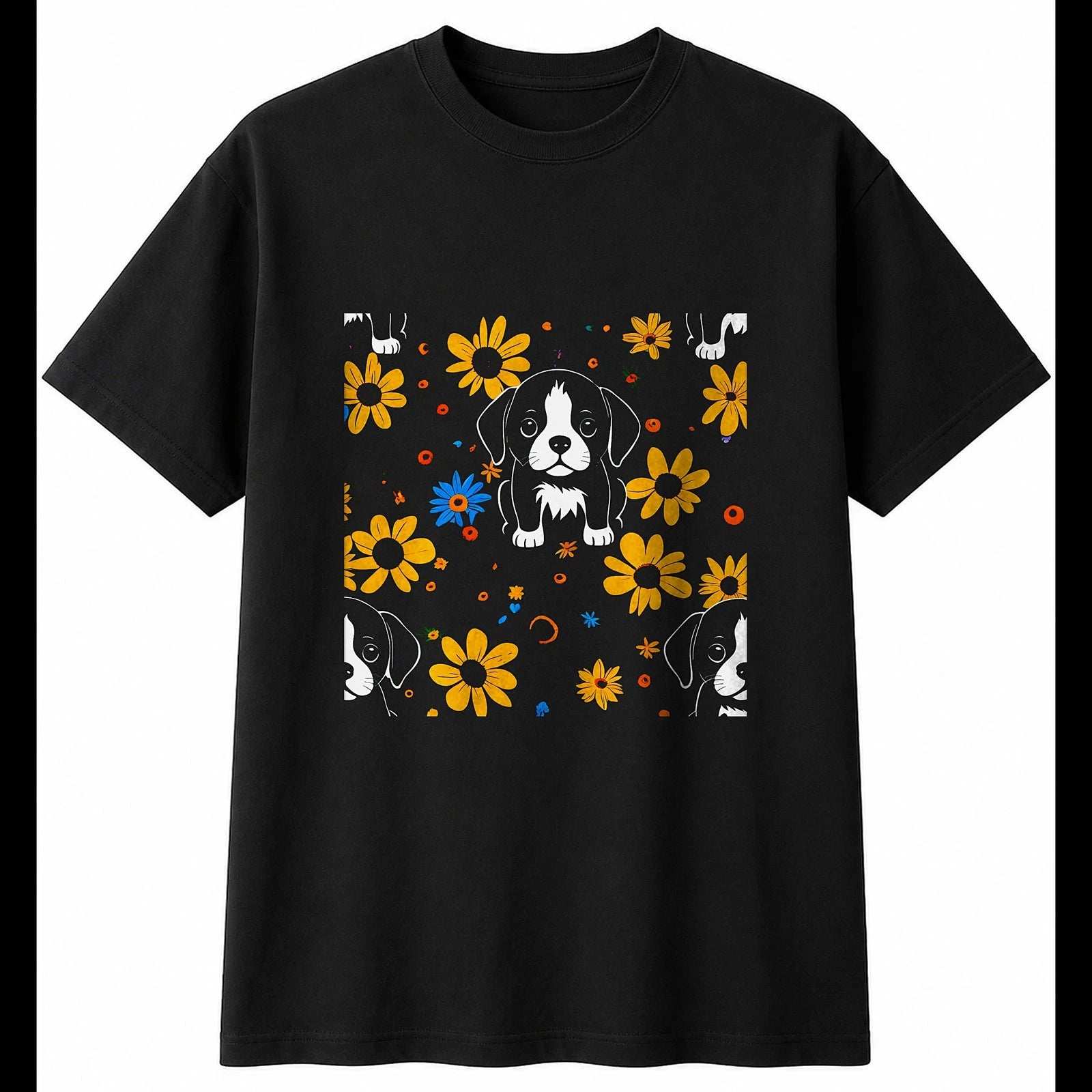 Fantasy Art Puppy with Flowers Dog Cute Mens T-Shirt Black 100% Cotton Kawaii