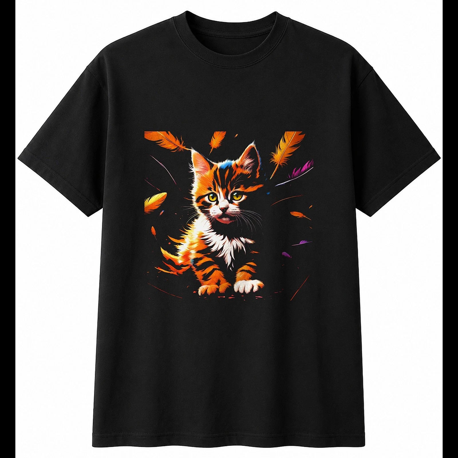 Fantasy Art Kitten with Feathers Cat Cute Mens T-Shirt Black 100% Cotton Kawaii