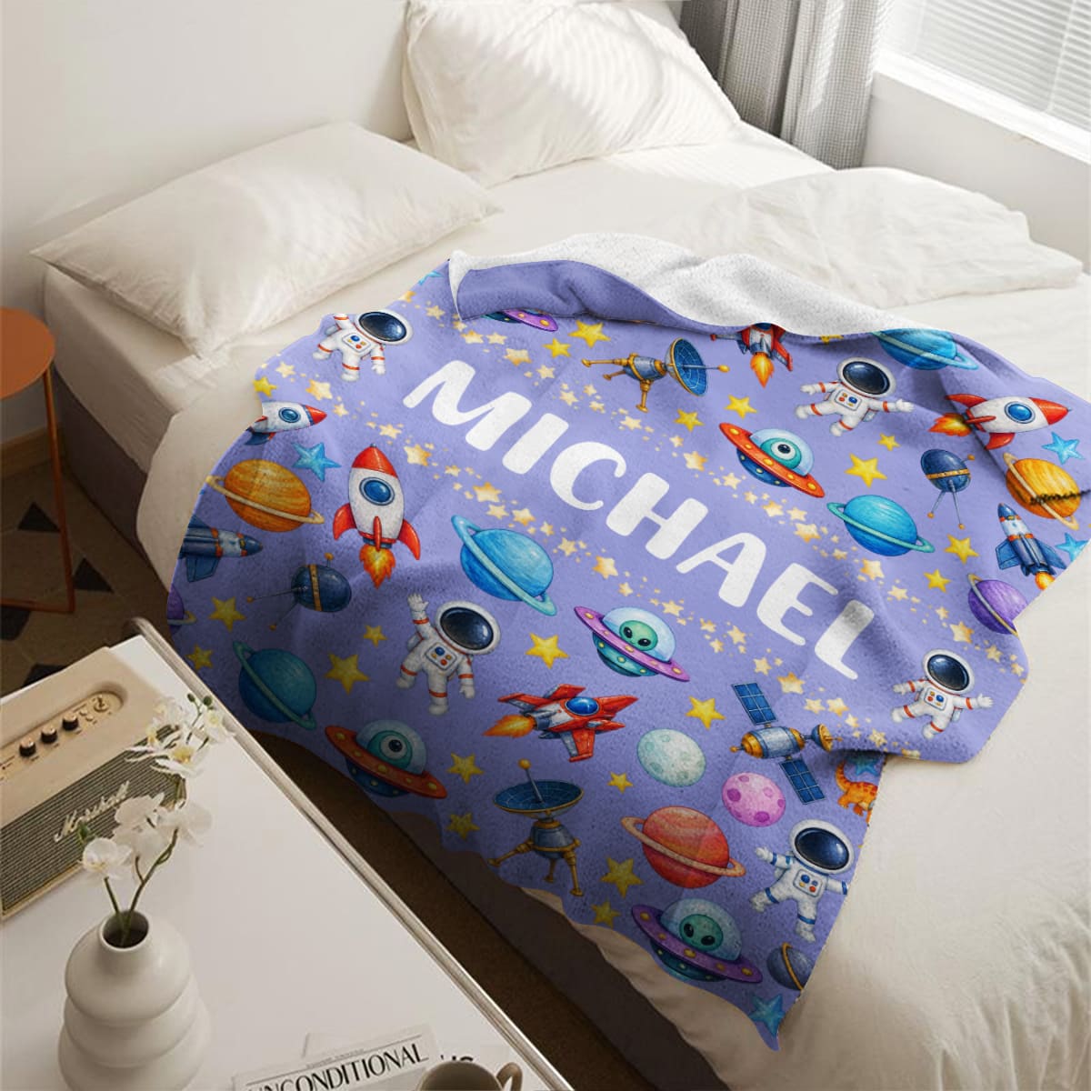 Space Birthday Gift for Boys, Personalized Astronaut Blanket, Custom Name Galaxy Blanket, Outer Space Blanket, Kids Space Gift