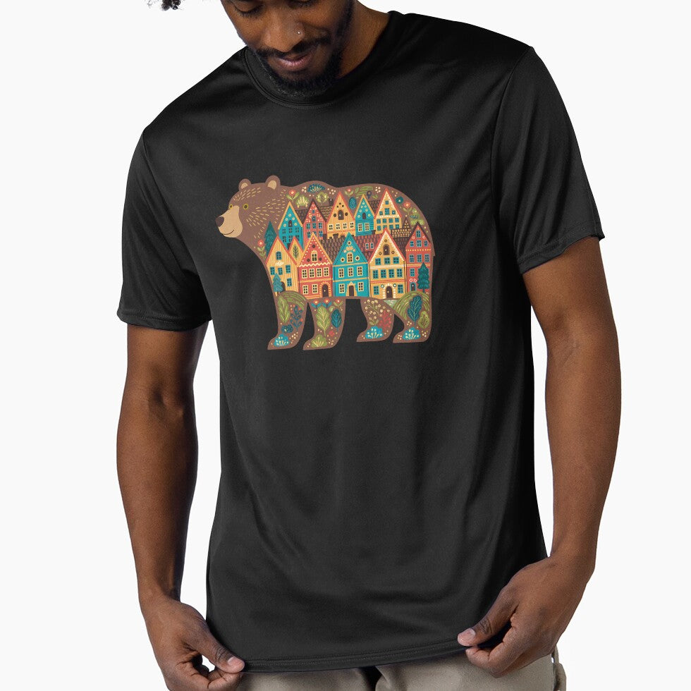 Brown Bear Silhouette with Bryggen Townscape – Scandinavian Folk Art by heidiannemorris © by FOLK ART FUSION by heidiannemorris