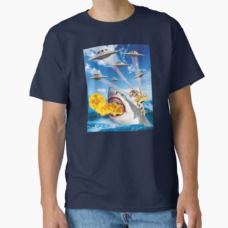 Cat Riding Fire Breathing Shark Rainbow Laser Taco  graphic by banwa