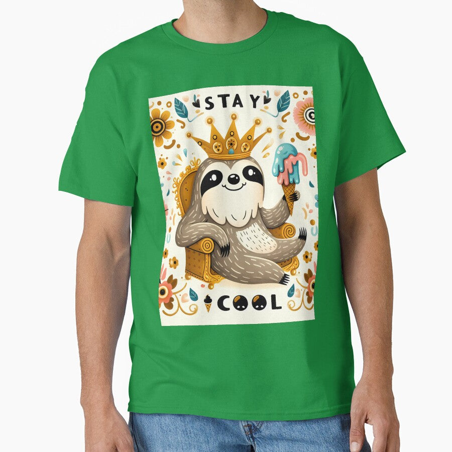 Stay Cool Sloth King with Ice Cream - Scandinavian Folk Art by heidiannemorris © by FOLK ART FUSION by heidiannemorris