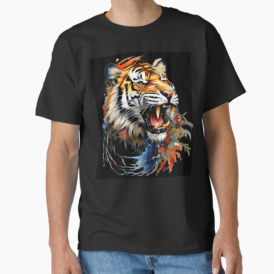 Growling Tiger With Sharp Teeth And Botanical Accents by DEC02
