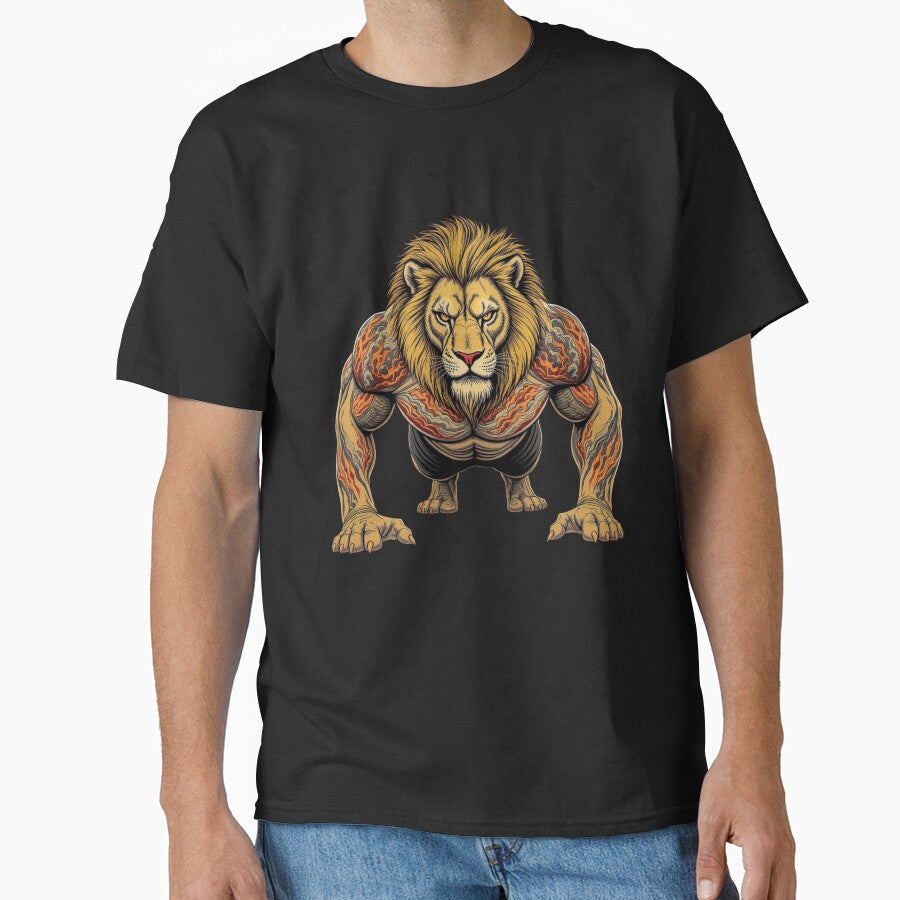 Lion Alpha Strength Tattoo Art | One Finger Push Up Lion Gym Design | Japanese Irezumi Fitness Illustration by ColorSplash123