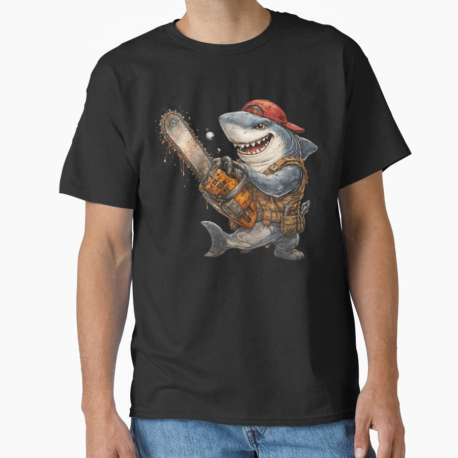 Brutal Shark with Chainsaw – Hand Drawn Colored Pencil Sticker Illustration by Felixuss